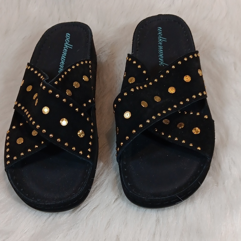 Wolkenwerk  Women Black Suede Gold Stud Sandals Sz 9.5